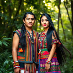 A full-body portrait of a handsome man and a beautiful woman, both dressed in intricate traditional Igorot tribal attire from the Philippines