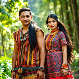 A full-body portrait of a handsome man and a beautiful woman, both dressed in intricate traditional Igorot tribal attire from the Philippines