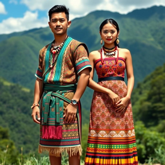 A whole body image of a handsome man and a beautiful girl wearing traditional Igorot tribal dresses of the Philippines, standing side by side