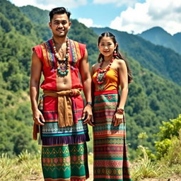 A whole body image of a handsome man and a beautiful girl wearing traditional Igorot tribal dresses of the Philippines, standing side by side