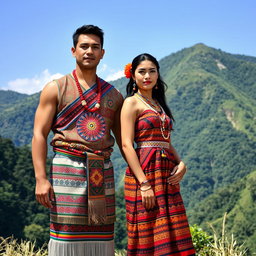 A whole body image of a handsome man and a beautiful girl wearing traditional Igorot tribal dresses of the Philippines, standing side by side