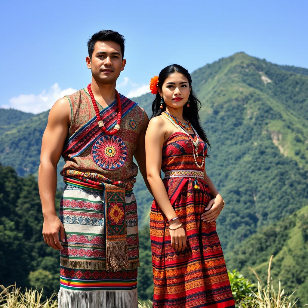 A whole body image of a handsome man and a beautiful girl wearing traditional Igorot tribal dresses of the Philippines, standing side by side