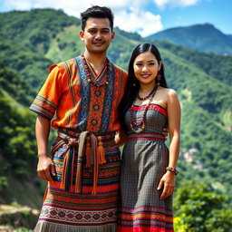A whole body image of a handsome man and a beautiful girl wearing traditional Igorot tribal dresses of the Philippines, standing side by side