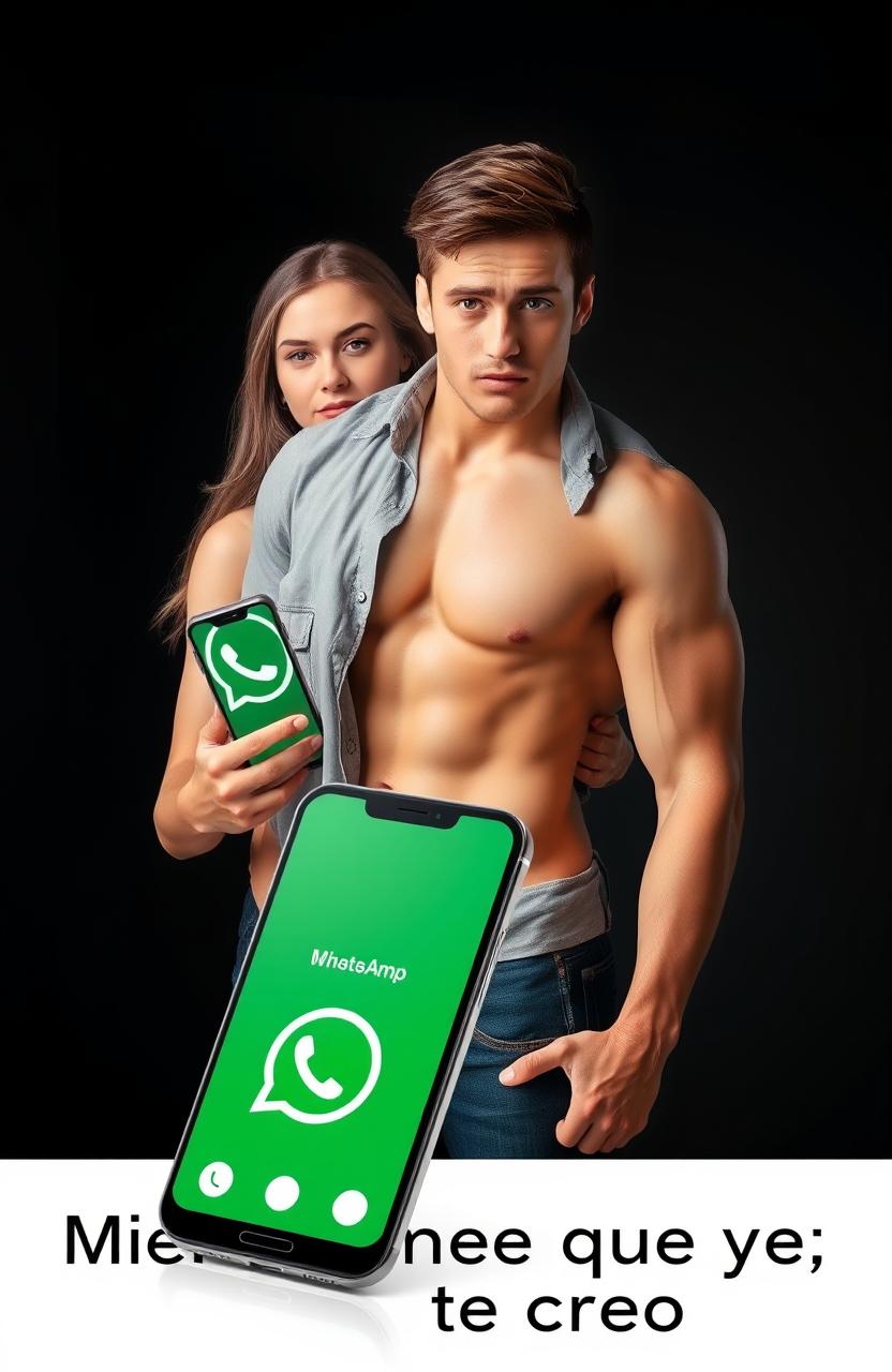 A strong young man on the right, dressed in a stylish price-tag shirt showcasing his chiseled physique, and a slender young woman on the left standing closely behind him