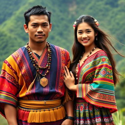 A whole body image of a handsome man and a beautiful girl dressed in traditional Igorot tribal attire from the Philippines