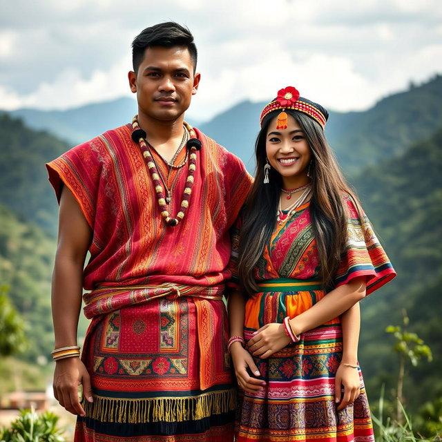 A whole body image of a handsome man and a beautiful girl dressed in traditional Igorot tribal attire from the Philippines