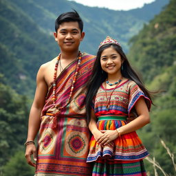 A whole body image of a handsome man and a beautiful girl dressed in traditional Igorot tribal attire from the Philippines