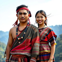 A whole body image of a handsome man and a beautiful girl dressed in traditional Igorot tribal attire from the Philippines