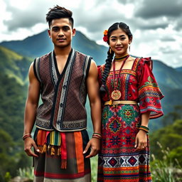 A captivating full-body portrait of a handsome man and a beautiful girl dressed in traditional Igorot tribal attire from the Philippines