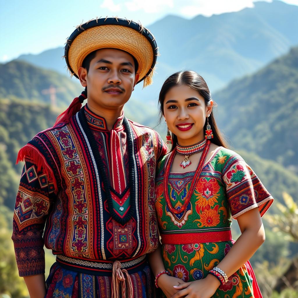 A whole body image of a handsome Filipino man and a beautiful woman dressed in traditional Igorot tribal attire from the Philippines