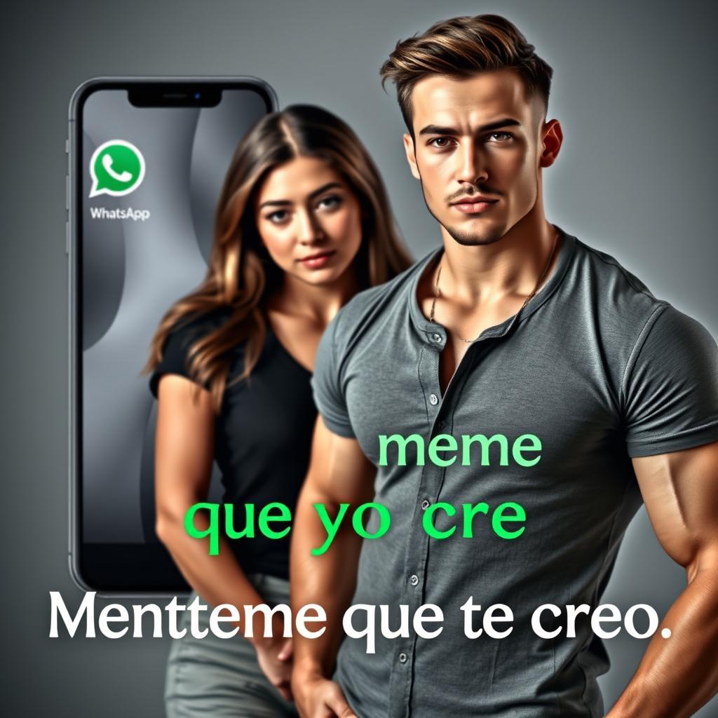 A strong young man on the right wearing a trendy price-tag shirt that emphasizes his muscular physique, alongside a slender young woman on the left standing just behind him