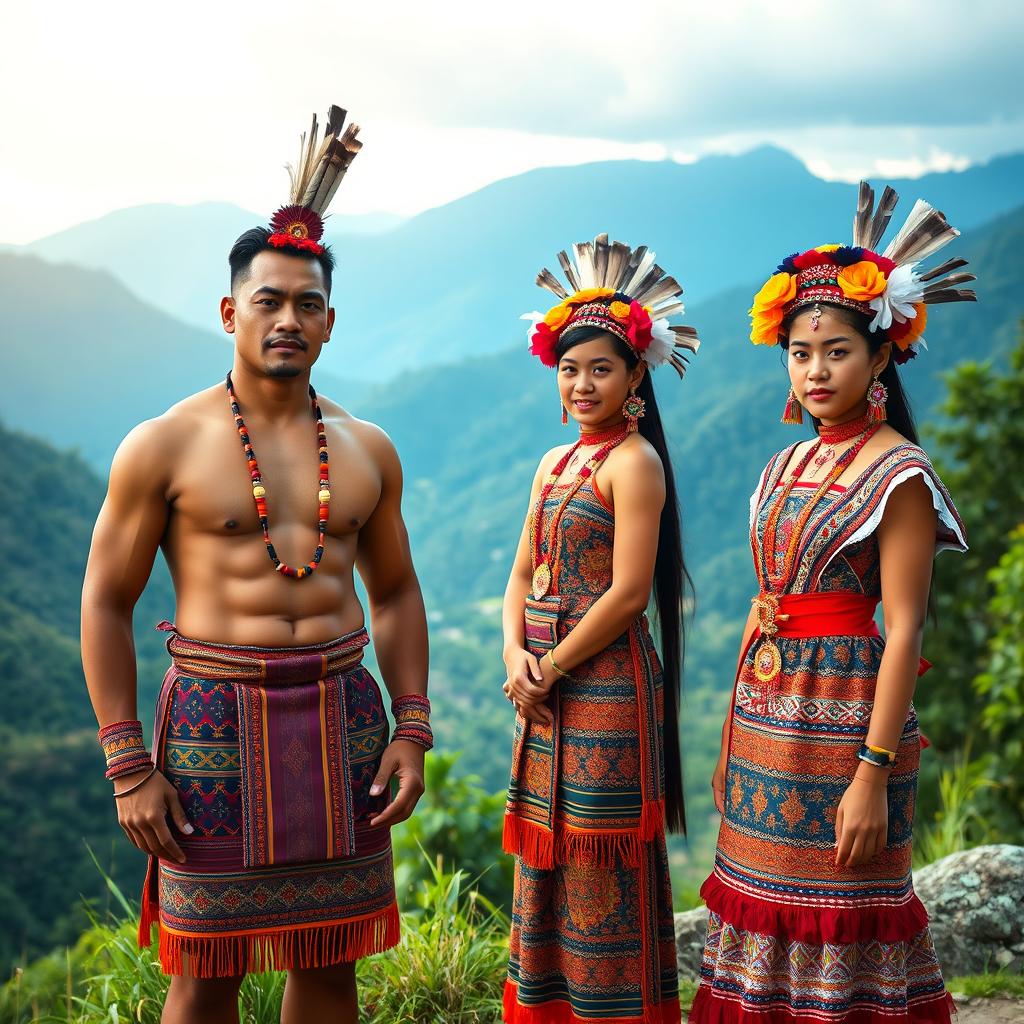 A full-body image of a handsome man and a beautiful girl, both elegantly adorned in traditional Igorot tribal dresses from the Philippines