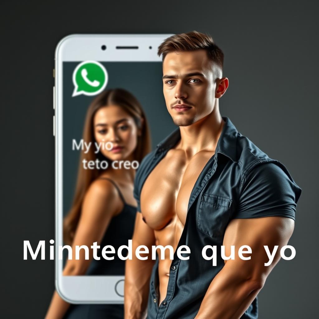 A strong young man on the right, dressed in a stylish price-tag shirt that highlights his well-defined muscles, with a slender young woman on the left standing slightly behind him