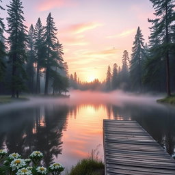 A serene forest scene at dawn, the sun gently rising over a tranquil lake, reflecting the soft pastel colors of the morning sky—pink, lavender, and pale blue