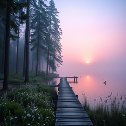 A serene forest scene at dawn, the sun gently rising over a tranquil lake, reflecting the soft pastel colors of the morning sky—pink, lavender, and pale blue