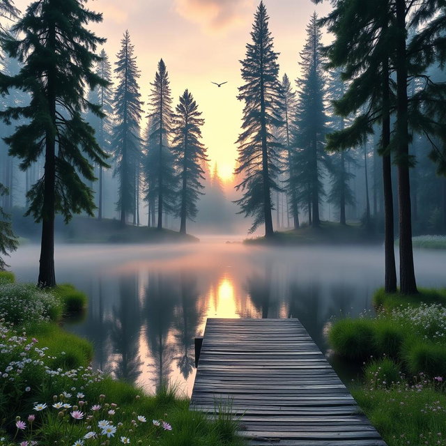 A serene forest scene at dawn, the sun gently rising over a tranquil lake, reflecting the soft pastel colors of the morning sky—pink, lavender, and pale blue