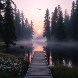 A serene forest scene at dawn, the sun gently rising over a tranquil lake, reflecting the soft pastel colors of the morning sky—pink, lavender, and pale blue