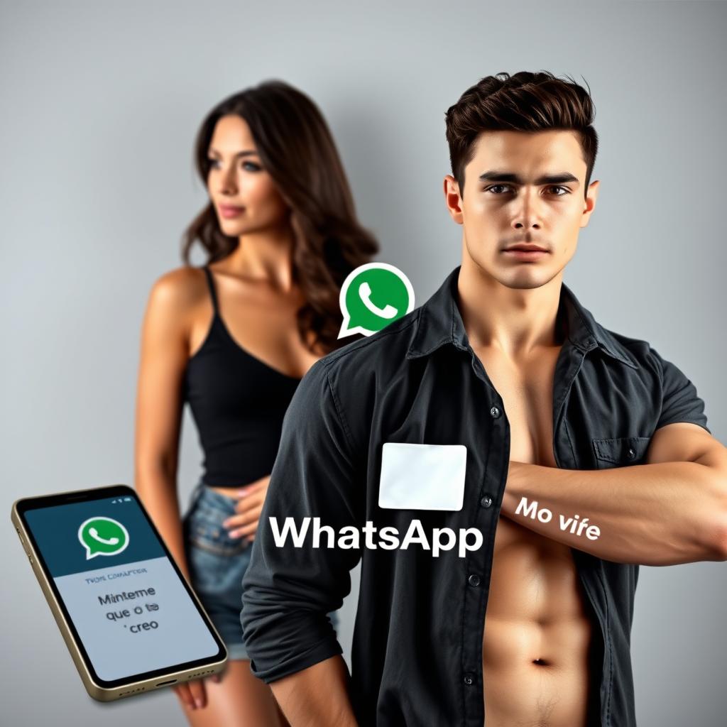A strong young man on the right, wearing a fashionable price-tag shirt that showcases his toned body, alongside a slender young woman on the left standing gracefully behind him