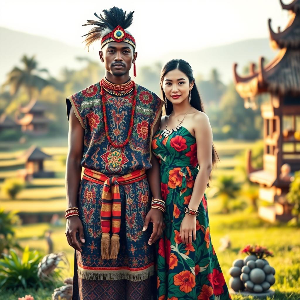 A full-body image of a handsome man and a beautiful girl, both dressed in traditional tribal attire from Indonesia