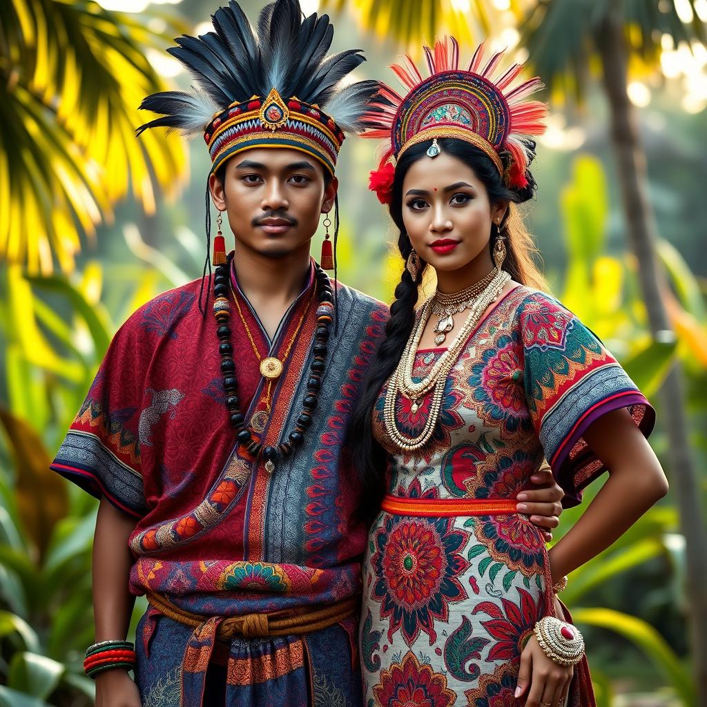 A full-body image of a handsome man and a beautiful girl, both dressed in traditional tribal attire from Indonesia