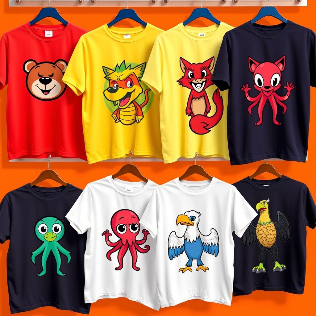 A collection of several T-shirts, each featuring a unique mascot on both the front and back