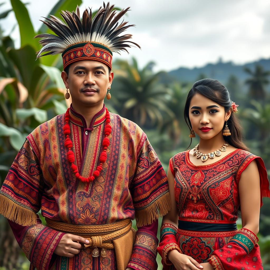 A full-body image of an Indonesian handsome man and a beautiful girl, both dressed in traditional tribal attire representative of Indonesia