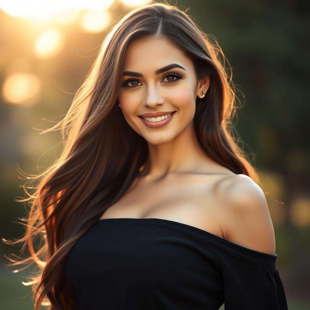 A beautifully lit portrait of an attractive woman with long flowing brown hair, dressed in a stylish off-shoulder black dress