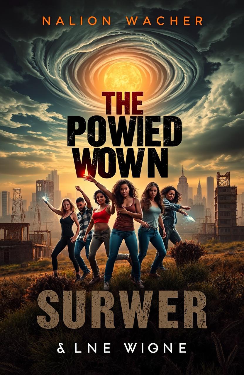 An eye-catching book cover for a post-apocalyptic world, set in a desolate landscape with abandoned buildings and overgrown vegetation