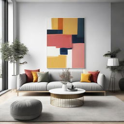 A modern interior design of a spacious living room with minimalist furniture and vibrant wall art.