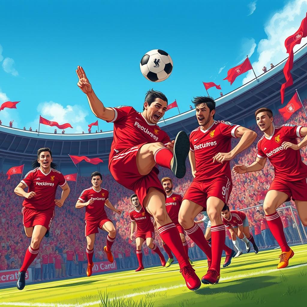 A dynamic and intense illustration of the Red Devils football team, featuring players in striking red jerseys and shorts, showcasing athleticism and teamwork on a football pitch