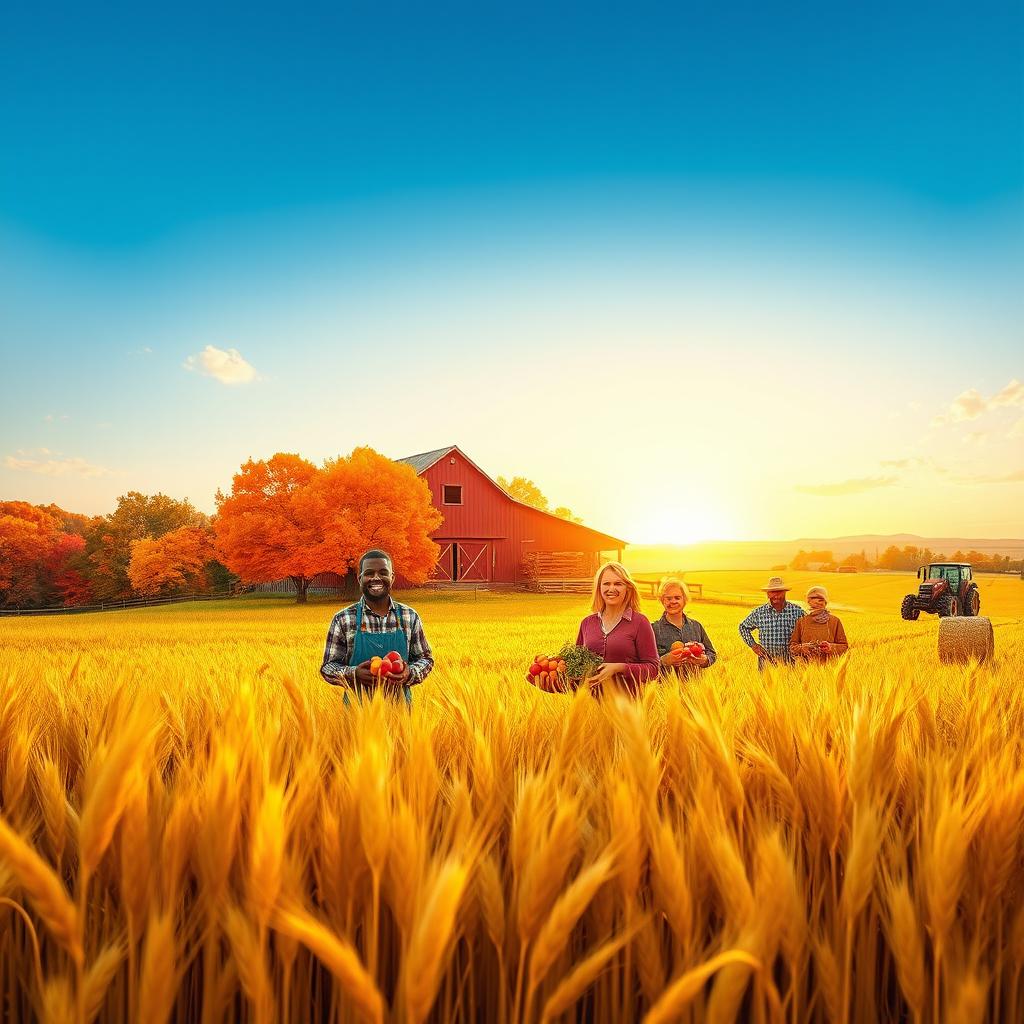 A stunning and vibrant autumn landscape depicting a bountiful harvest scene