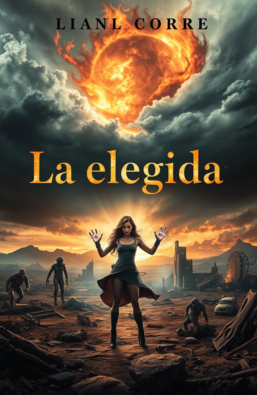 A captivating book cover for 'La elegida', featuring a post-apocalyptic landscape with desolate ruins and remnants of a once-thriving world