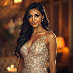 A stunningly beautiful woman in a glamorous evening gown, exuding confidence and elegance