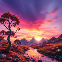 A surreal landscape featuring a vibrant sky painted with shades of purple and orange as the sun begins to set