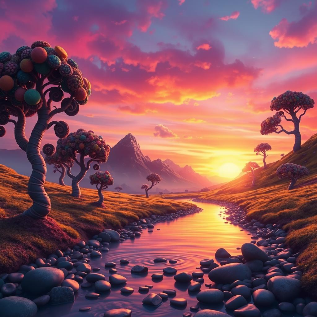 A surreal landscape featuring a vibrant sky painted with shades of purple and orange as the sun begins to set