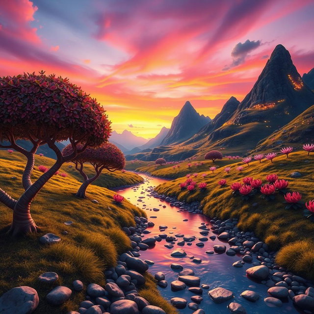 A surreal landscape featuring a vibrant sky painted with shades of purple and orange as the sun begins to set