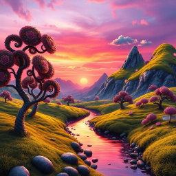 A surreal landscape featuring a vibrant sky painted with shades of purple and orange as the sun begins to set