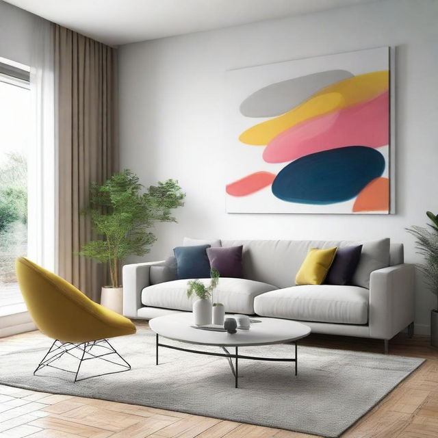 A modern interior design of a spacious living room with minimalist furniture and vibrant wall art.