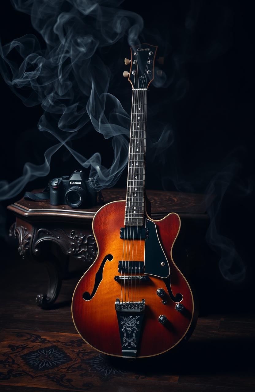 A gothic-themed scene featuring a vintage guitar prominently in the foreground, surrounded by swirling smoke that adds an ethereal atmosphere