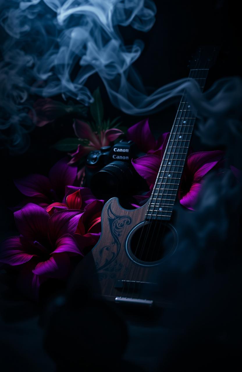 A dark and moody scene featuring a vintage guitar with intricate designs, partially obscured by swirling smoke