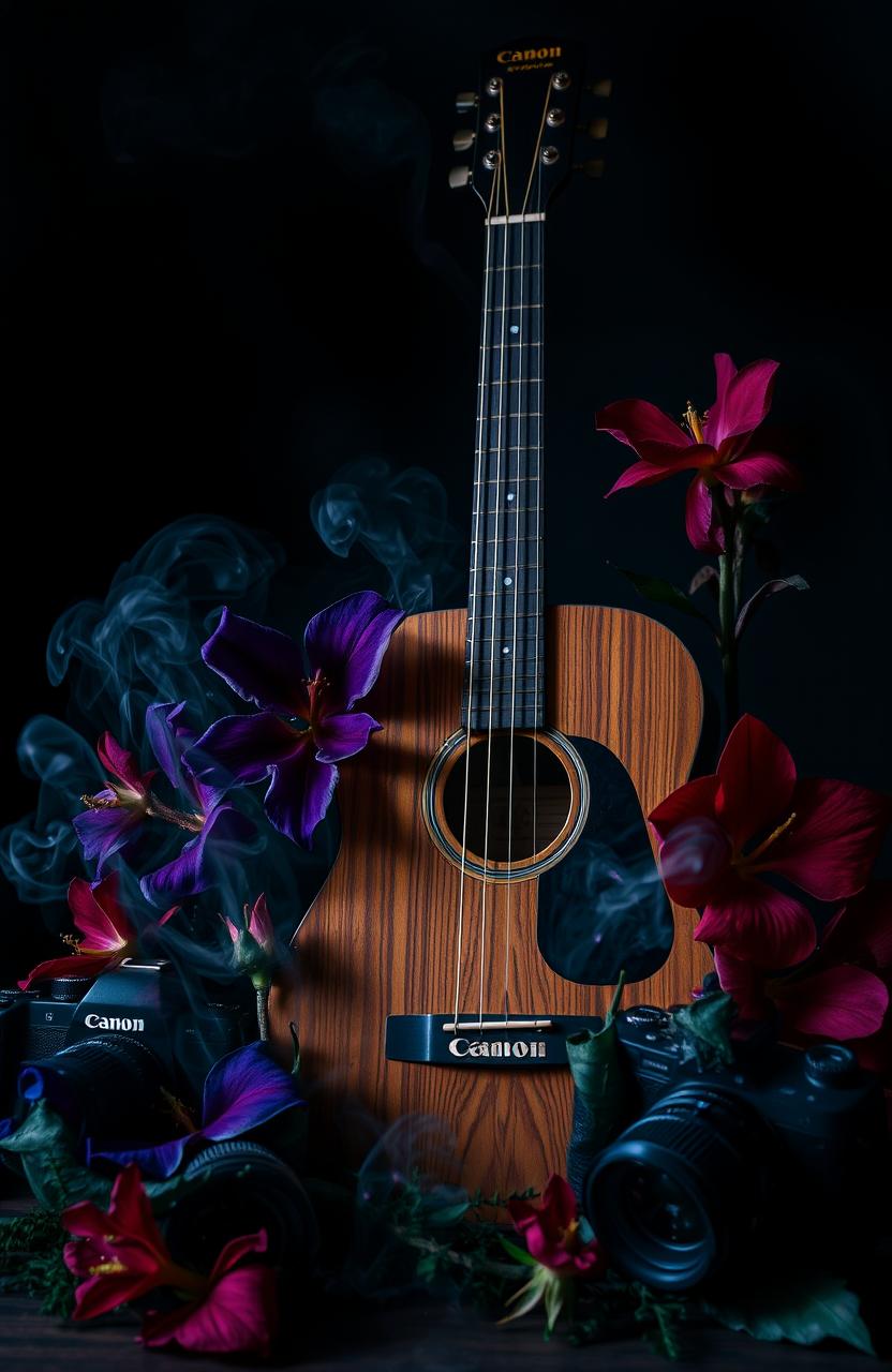 A gothic-inspired scene featuring a vintage acoustic guitar with intricate woodwork, surrounded by exotic flowers in vibrant colors like deep purples, dark blues, and fiery reds