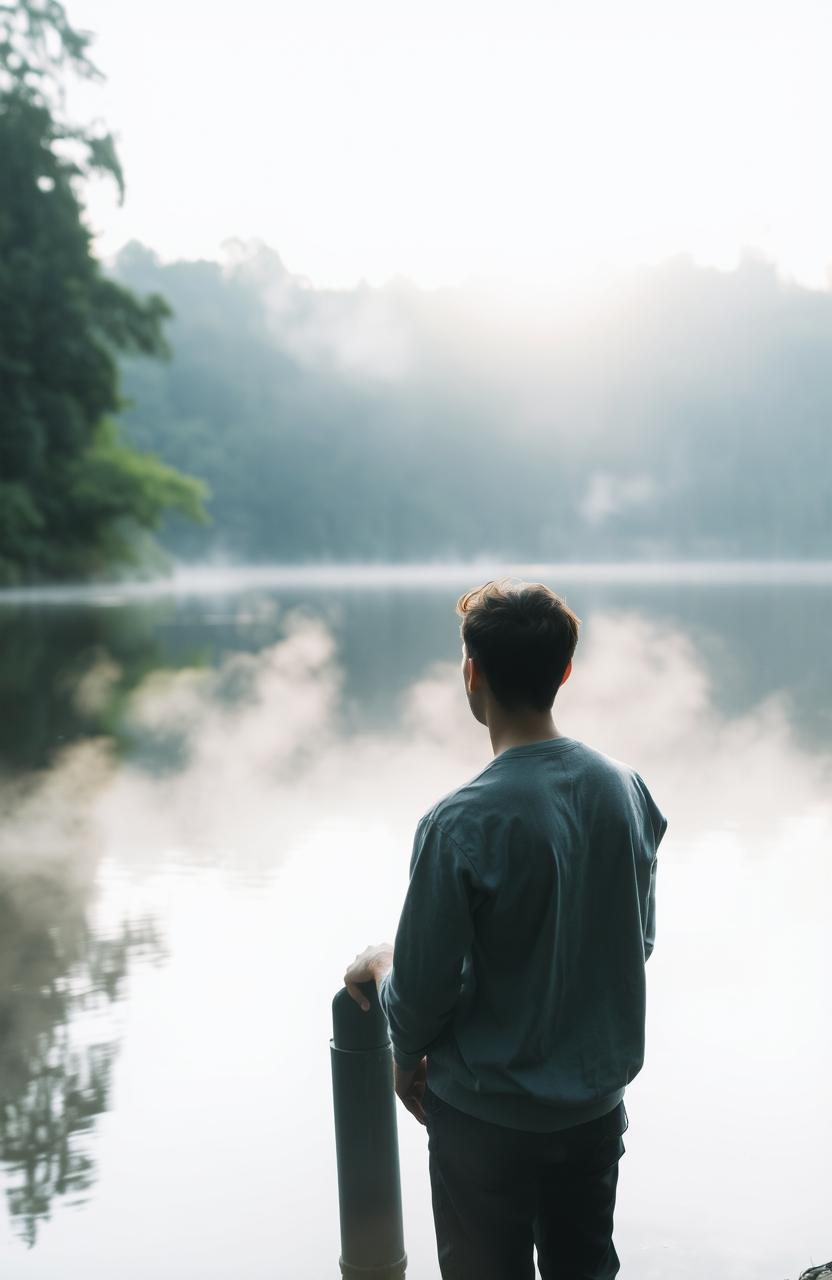 A serene self-discovery scene, depicting a person deep in thought by a tranquil lake, surrounded by lush greenery