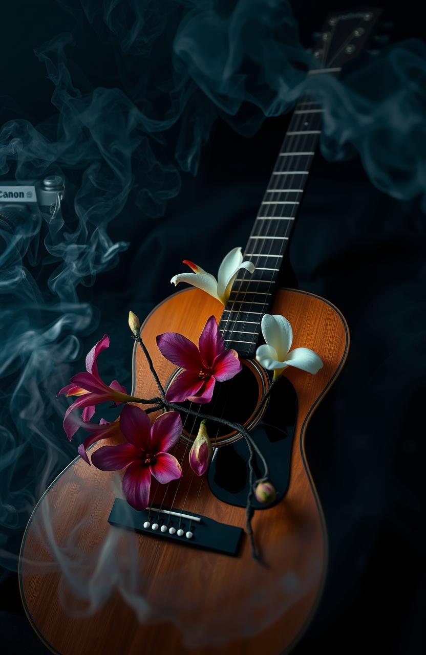 A gothic-themed composition featuring a classic guitar intertwined with exotic flowers, surrounded by swirling smoke