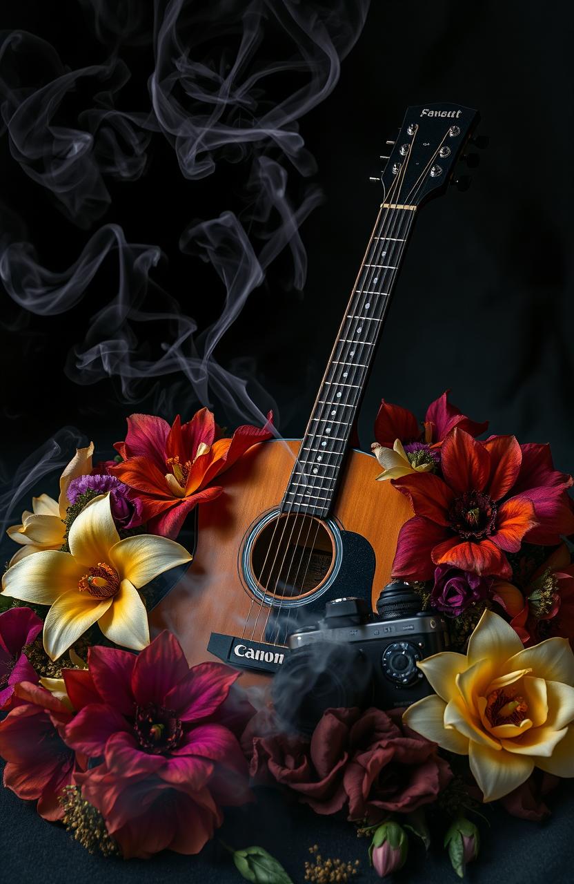 A gothic-themed scene featuring a smoky atmosphere filled with wisps of smoke curling around an elegant guitar resting against a vintage Canon camera