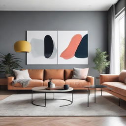 A modern interior design of a spacious living room with minimalist furniture and vibrant wall art.