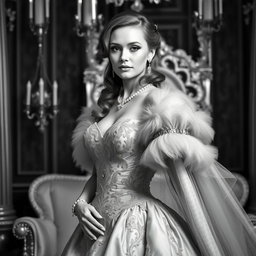 A stunning portrait of a Baltic Duchess, elegantly dressed in a lavish royal gown, set against a luxurious backdrop