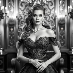 A stunning portrait of a Baltic Duchess, elegantly dressed in a lavish royal gown, set against a luxurious backdrop