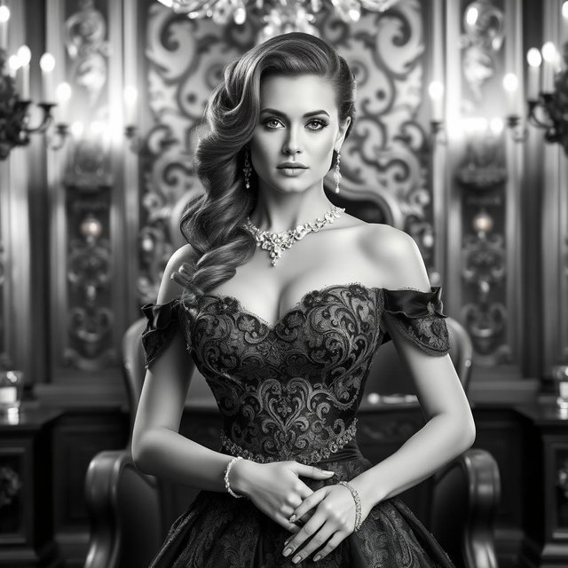 A stunning portrait of a Baltic Duchess, elegantly dressed in a lavish royal gown, set against a luxurious backdrop