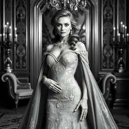A stunning portrait of a Baltic Duchess, elegantly dressed in a lavish royal gown, set against a luxurious backdrop
