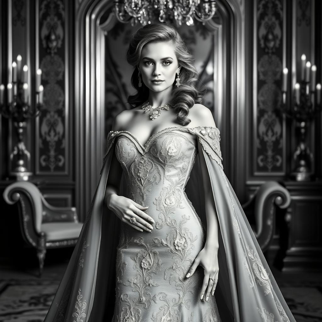A stunning portrait of a Baltic Duchess, elegantly dressed in a lavish royal gown, set against a luxurious backdrop